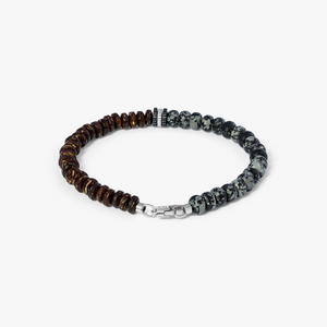 Nepal Gear Trio Beaded Bracelet In Rhodium Plated Silver With Snowflake Obsidian & Coconut Wood 