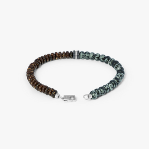 Nepal Gear Trio Beaded Bracelet In Rhodium Plated Silver With Snowflake Obsidian & Coconut Wood 