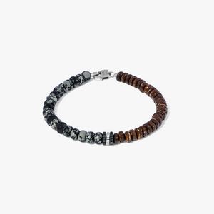 Nepal Gear Trio Beaded Bracelet In Rhodium Plated Silver With Snowflake Obsidian & Coconut Wood 