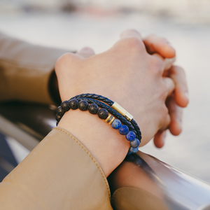 Gear Trio Beaded Bracelet In Rhodium Silver With Lava Beads & Blue Lapis