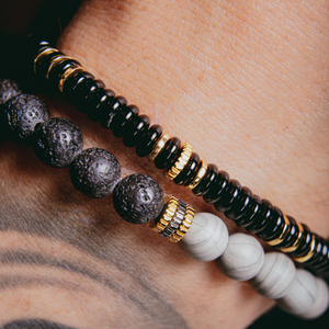 Gear Trio Beaded Bracelet In 18K Yellow Gold Plated Silver With Lava Beads & Grey Wood Jasper