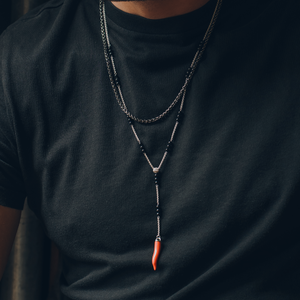 Capri Corno Necklace In Rhodium Plated Silver With Black Agate & Faux Coral