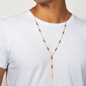 Capri Dagger Rosary Necklace In 18K Yellow Gold Plated Silver With Tiger Eye