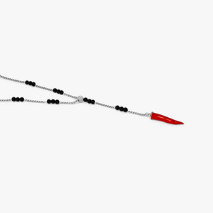 Capri Corno Necklace In Rhodium Plated Silver With Black Agate & Faux Coral