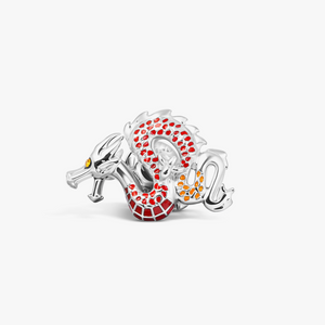 Year of the Dragon Pin In White Bronze Plater with Red & Orange Enamel