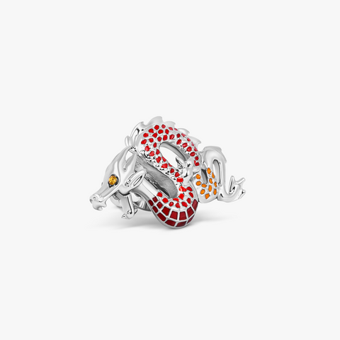Year of the Dragon Pin In White Bronze Plater with Red & Orange Enamel