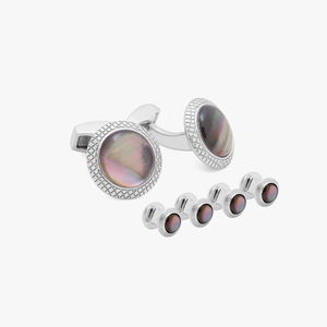 Moonlight Bullseye Cufflinks And Studs Set In Black Mother of Pearl With Rhodium Plated