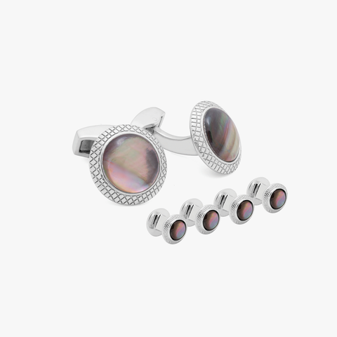 Moonlight Bullseye Cufflinks And Studs Set In Black Mother of Pearl With Rhodium Plated